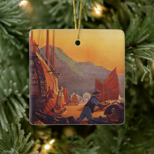 Reis rond de jaren, vliegtuig boven jonken in Hong Keramisch Ornament