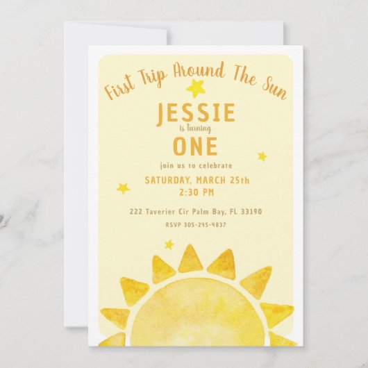 Reis rond de zon 1e verjaardag Uitnodigen Geel Kaart (Voorkant)