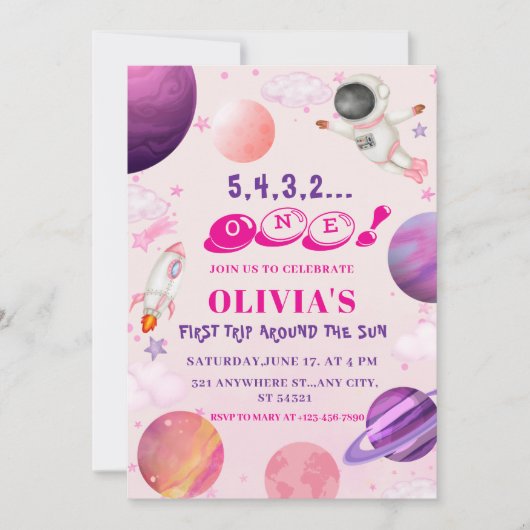Reis rond de zon| Roze buitenruimte 1e verjaardag Kaart (Voorkant)