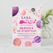 Reis rond de zon| Roze buitenruimte 1e verjaardag Kaart (Staand voorkant)