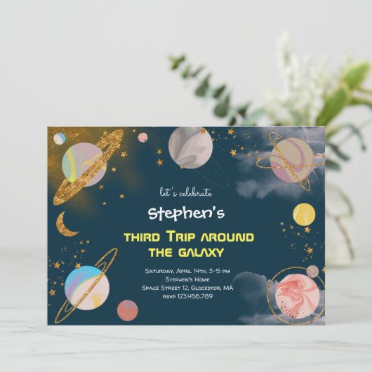 Reis rond het sterrenstelsel verjaardag in de ruim kaart (Staand voorkant)