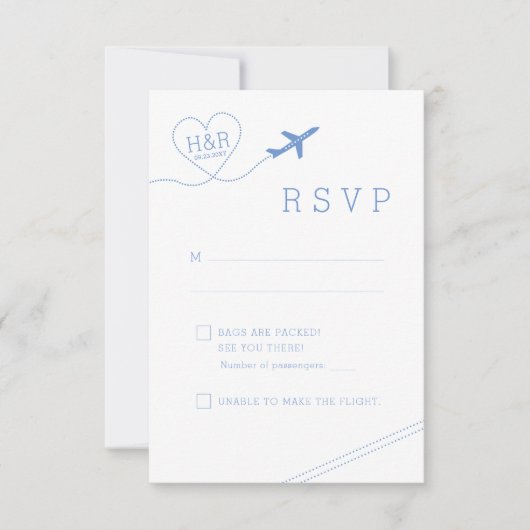 Reis Thema Blauw Vliegtuig Hart Minimalistisch RSVP Kaartje (Voorkant)