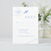 Reis Thema Blauw Vliegtuig Hart Minimalistisch RSVP Kaartje (Staand voorkant)