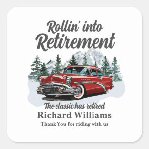 Reis-thema pensioen klassieke retro auto rollend vierkante sticker