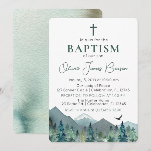 Reis van het Geloof: Een Groene Berg Jongen Doop Kaart (Voorkant / Achterkant)