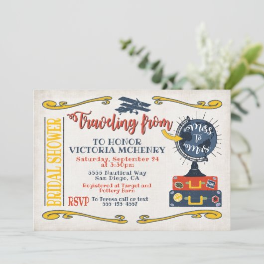 Reis van Miss naar Mrs. Bridal Douche uitnodiging (Staand voorkant)