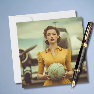 Reis Verjaardag Vintage Retro Vrouw Vliegtuig Chic Kaart