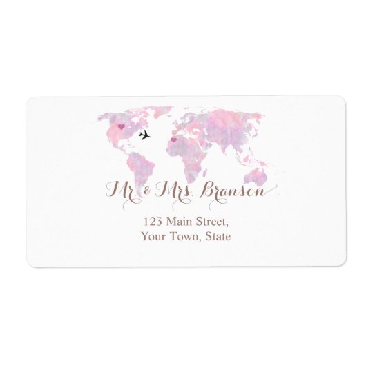 Reis Wereldkaart met Waterverf voor Bestemming Bru Etiket (Voorkant)