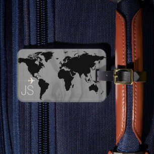 Reis wereldkaart op maat zwart & wit bagagelabel