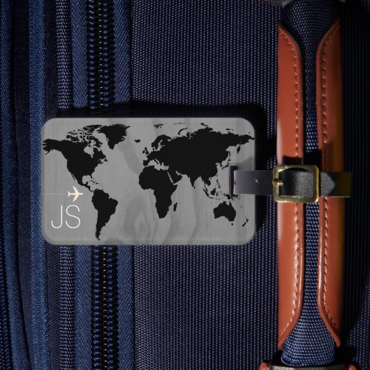 Reis wereldkaart op maat zwart & wit bagagelabel (Voorkant Insitu 4)