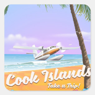 Reisaffiche Cook Eilanden strand uit vroeger tijde Vierkante Sticker