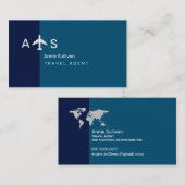Reisagent 2-tone blauw vliegtuig monogram visitekaartje (Voorkant / Achterkant)