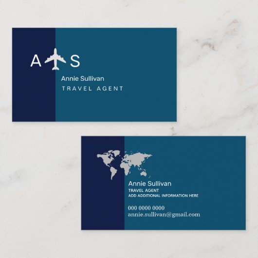 Reisagent 2-tone blauw vliegtuig monogram visitekaartje (Voorkant / Achterkant)