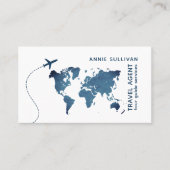 Reisagent. blauwe wereldkaart en vliegtuig visitekaartje (Voorkant)