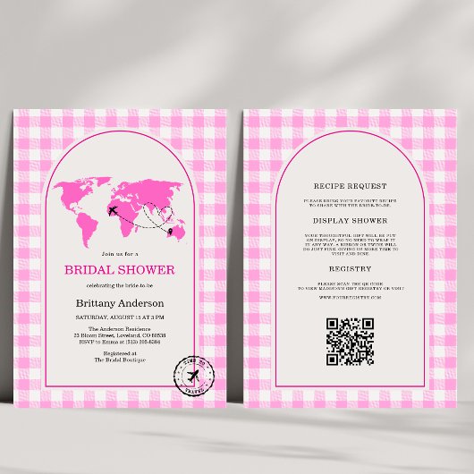 Reisavontuur Gingham Bruiloftsshower QR-code Kaart