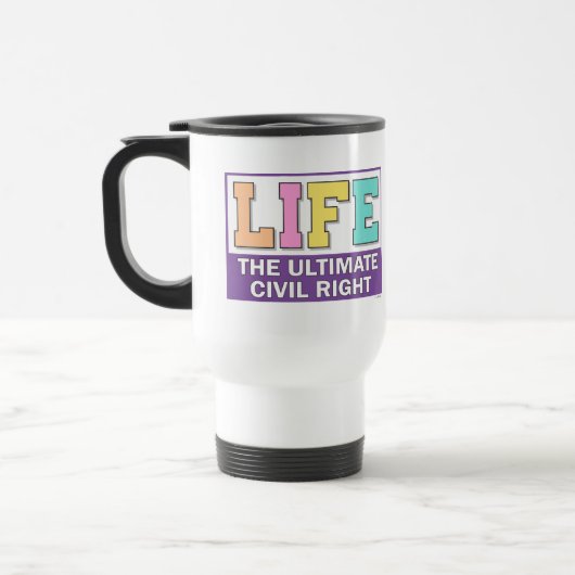 Reisbeker met een pro-life boodschap. (Links)