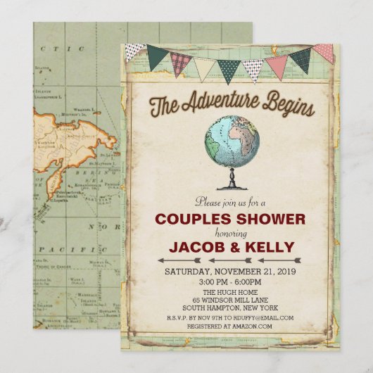 Reisbol Globe Koppel Shower Uitnodiging Vintage (Voorkant / Achterkant)