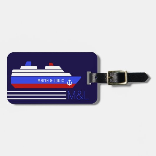 Reisboot cruise - gepersonaliseerd blauw & rood bagagelabel (Voorkant horizontaal)