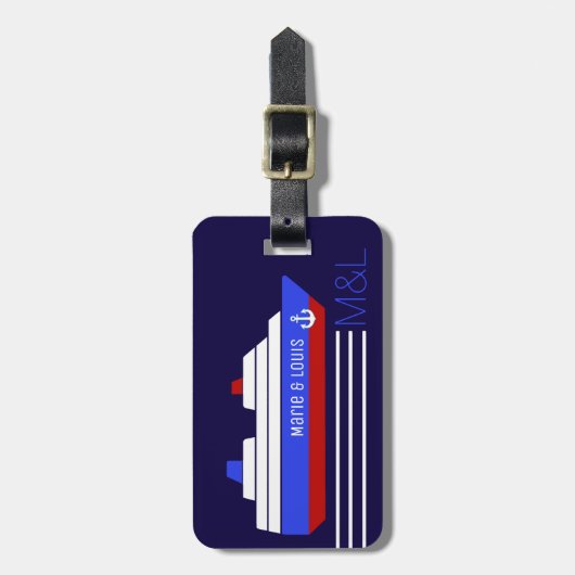 Reisboot cruise - gepersonaliseerd blauw & rood bagagelabel (Voorkant verticaal)
