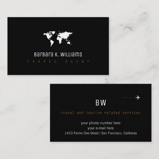 Reisbureau Black visitekaartje met Worldmap (Voorkant / Achterkant)