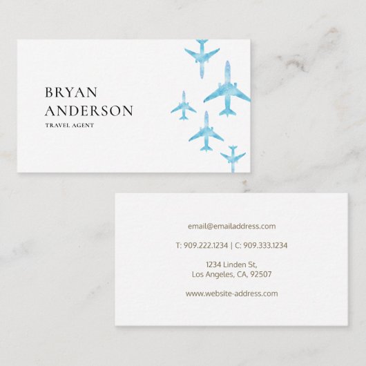 Reisbureau Blue Waterverf Airplanes Visitekaartje (Voorkant / Achterkant)