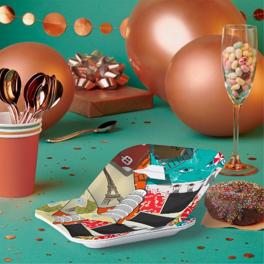 Reiscollage met iconische bezienswaardigheden Vaka Papieren Bordje