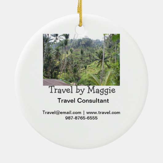 Reisconsulent bedrijf naam e-mail website toevoege keramisch ornament (Achterkant)