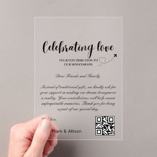 Reisfonds Aanvraag QR Code Honeymoon Fund Acryl Uitnodigingen (Insitu (Draagbaar))