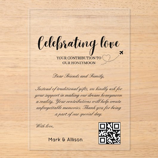 Reisfonds Aanvraag QR Code Honeymoon Fund Acryl Uitnodigingen (Voorkant)
