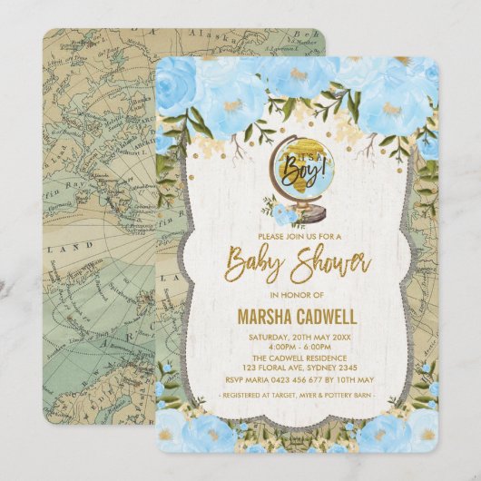 Reiskaart Baby shower Adventure Wereldbol Invitati Kaart (Voorkant / Achterkant)