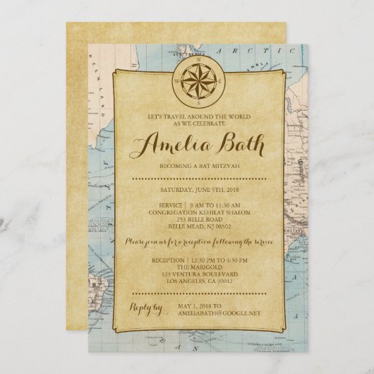 Reiskaart Bat Mitswa Uitnodiging (Voorkant / Achterkant)