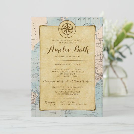 Reiskaart Bat Mitswa Uitnodiging (Staand voorkant)