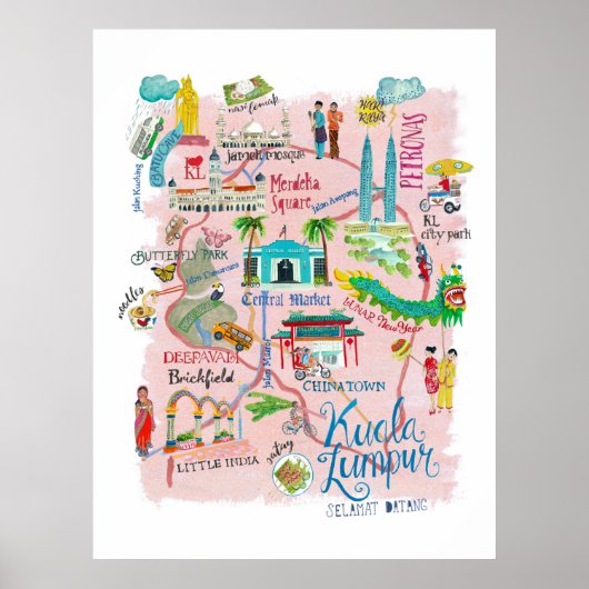 Reiskaart Kuala Lumpur Asia roze illustratief Poster (Voorkant)