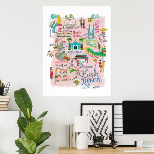 Reiskaart Kuala Lumpur Asia roze illustratief Poster (Thuiskantoor)