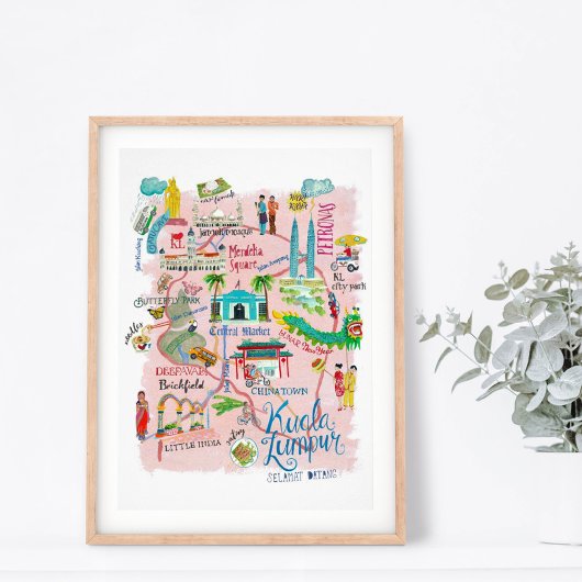 Reiskaart Kuala Lumpur Asia roze illustratief Poster