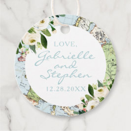 Reiskaart met bloemen in blauw, groen en wit bedankjes labels