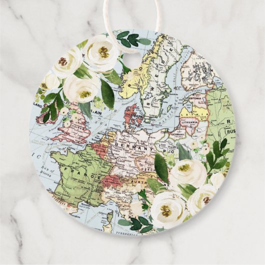 Reiskaart met bloemen in blauw, groen en wit bedankjes labels (Achterkant)