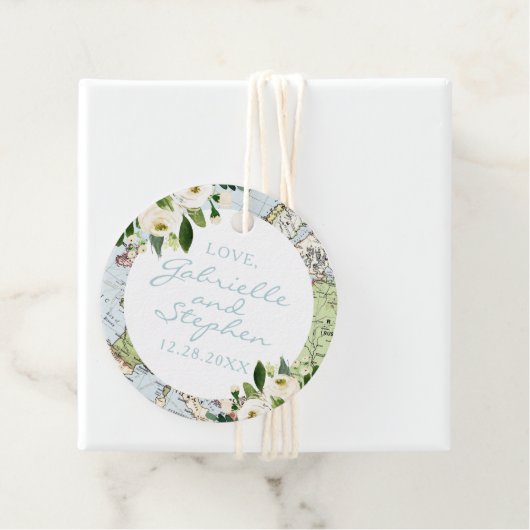 Reiskaart met bloemen in blauw, groen en wit bedankjes labels (In situ)