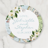 Reiskaart met bloemen in blauw, groen en wit bedankjes labels (Voorkant)