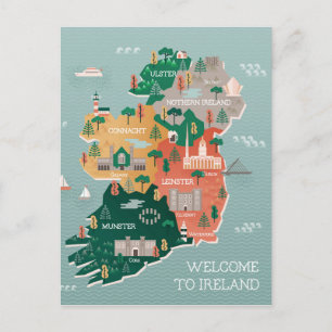 Reiskaart van Ierland   Landmerken en steden Briefkaart