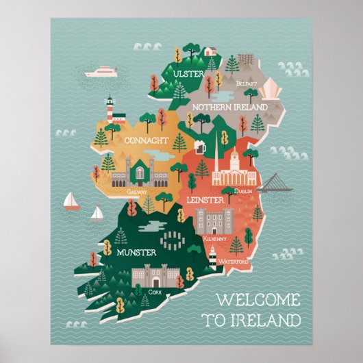 Reiskaart van Ierland | Landmerken en steden Poster (Voorkant)
