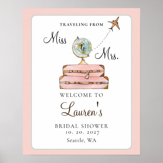 Reiskoffer 'Miss to Mrs' bruiloftswelcome Poster (Voorkant)