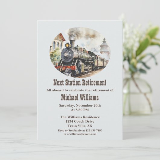 Reispensioen Rolling Party Trein Volgende Station Kaart (Staand voorkant)