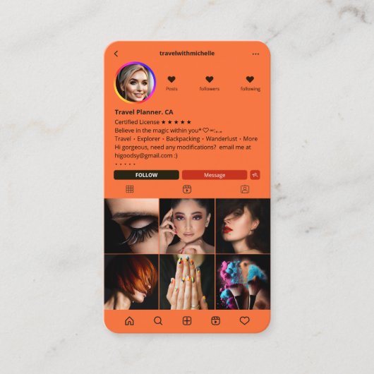Reisplanner Instagram Sinaasappel Modern Monogram Visitekaartje (Voorkant)