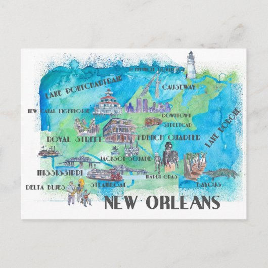 Reisplattegrond New Orleans Louisiana Briefkaart (Voorkant)