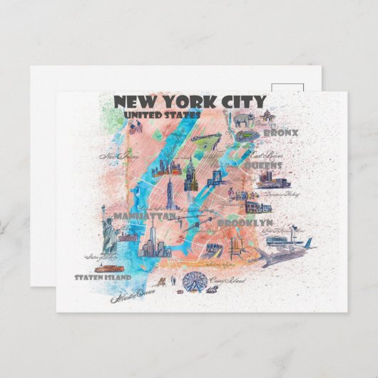 Reisplattegrond van New York City met straatkaart Briefkaart (Voorkant / Achterkant)