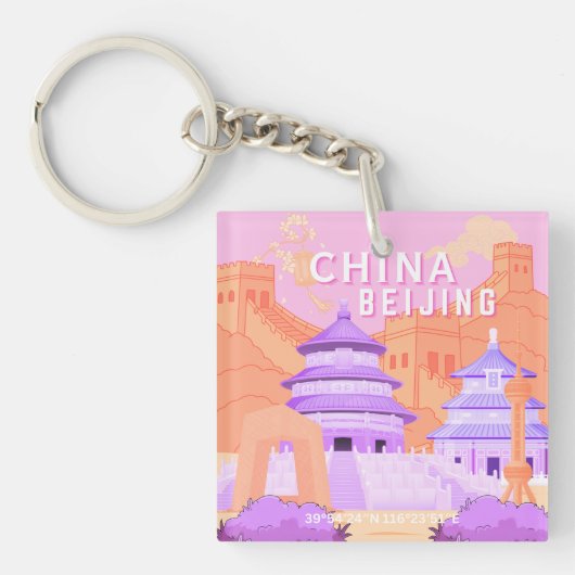 Reisposter Beijing China | Roze & Lavendel Kunst Sleutelhanger (Voorkant)