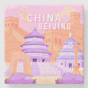 Reisposter Beijing China   Roze & Lavendel Kunst Stenen Onderzetter