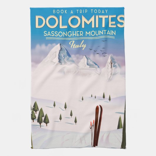 Reisposter Dolomites Sassongher Mountain Italië Theedoek (Verticaal)