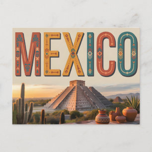 Reisposter in vintage stijl van Mexico met piramid Briefkaart
